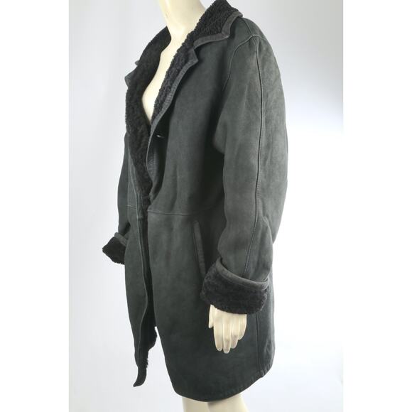 Vintage Dark Green Shearling Suede Coat Warm Winter Leather Trim Jacket Size M - Picture 9 of 16